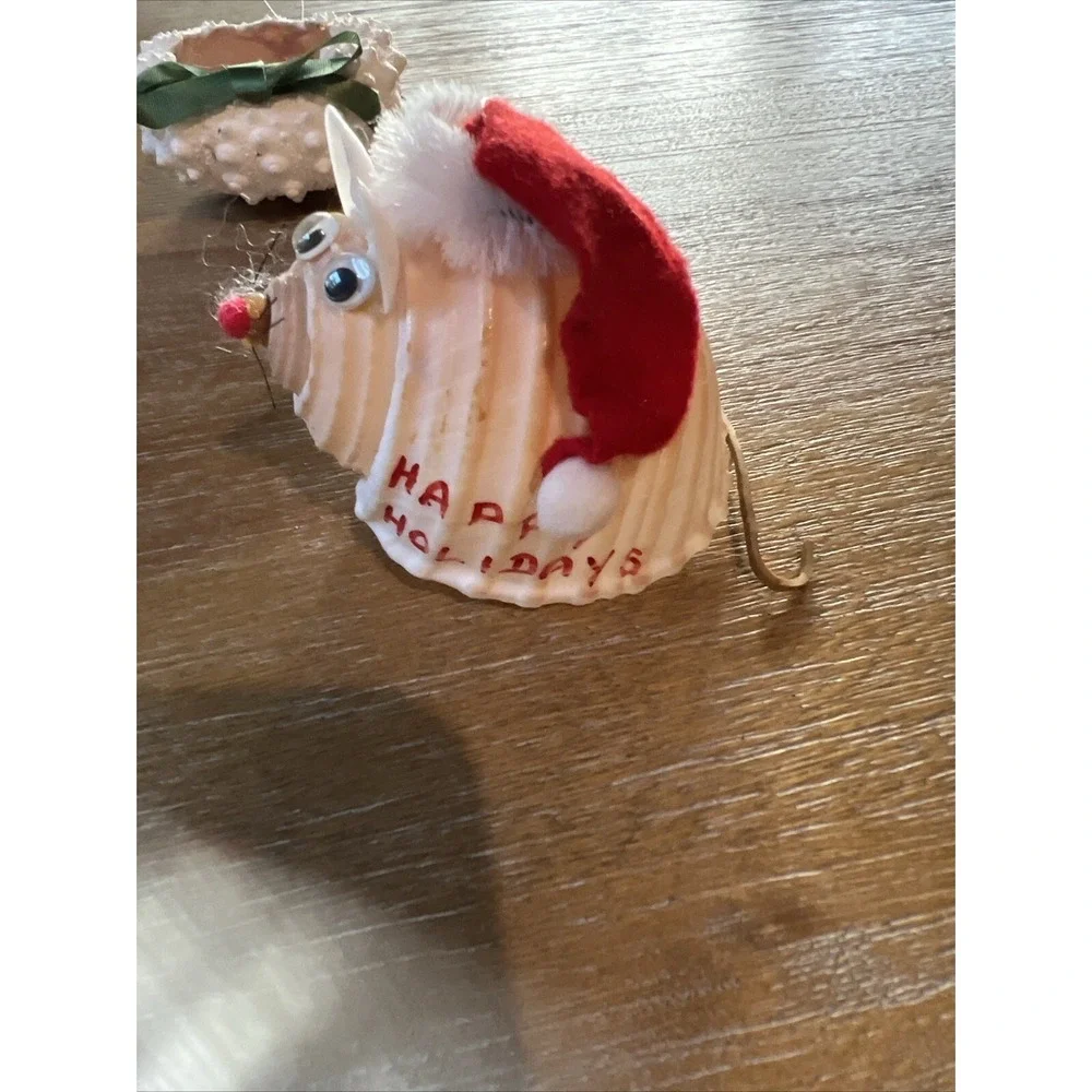 Lot Of 2 Vintage Real Sea Shell Mouse Christmas Ornament Handmade